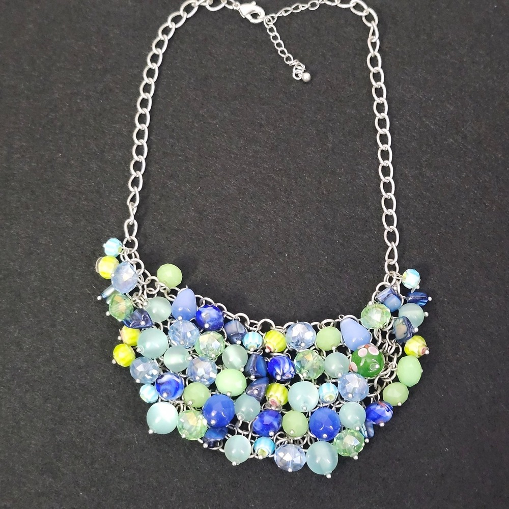 Silver Tone Green Blue Yellow Pops Bib Necklace Pretty Statement Costume Jewelry